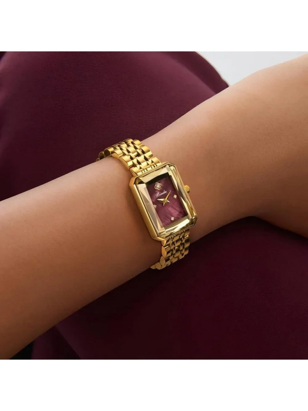Women's Gold Burgundy Vintage Rectangular Case Stainless Steel Band Wrist Watch